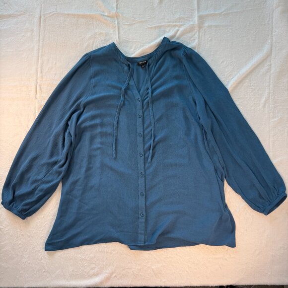 Torrid Crinkle Gauze Peasant Top Blouse Size 3X Blue Long Sleeve Button Front Up - Picture 1 of 7